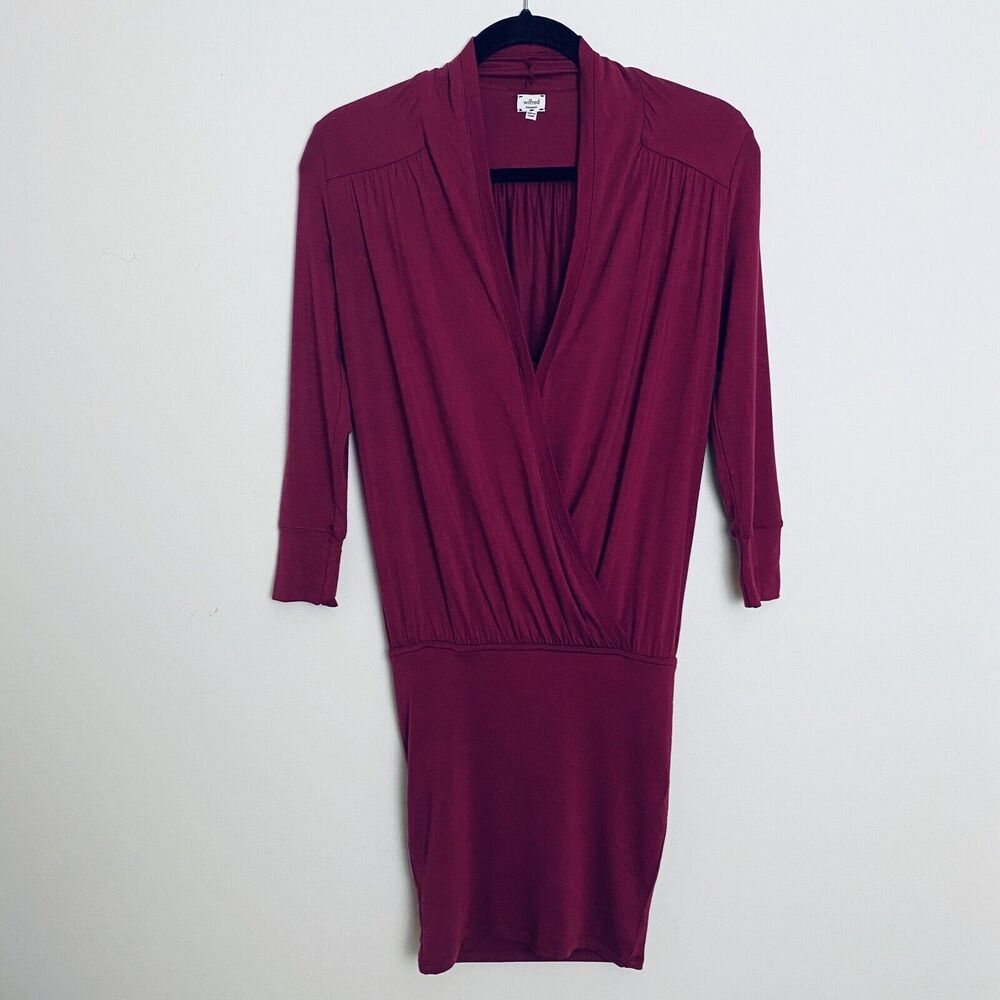 Aritzia Wilfred Dress Size XXS Ruched Surplice Wrap Bodycon Mini Burgundy